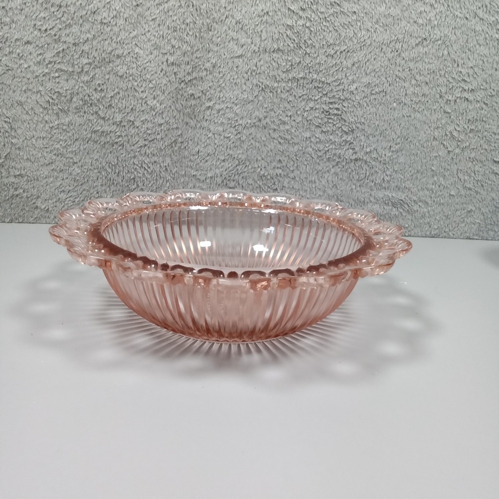 Vintage‎ Pink Depression Glass Bowl Open Lace Edge Ribbed Starburst 9.5 Inch